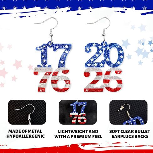 أقراط الرابع من يوليو للنساء، حلق يوم الاستقلال الوطني، إكسسوارات أقراط أكريليك للذكرى السنوية الـ 250 للولايات المتحدة الأمريكية لفكرة هدية in Kuwait