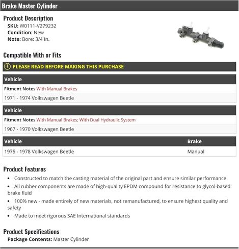 Brake Master Cylinder - 3/4 Inch Bore - Compatible with 1967-1978 Volkswagen Beetle (with Manual Brakes) in Saudi Arabia