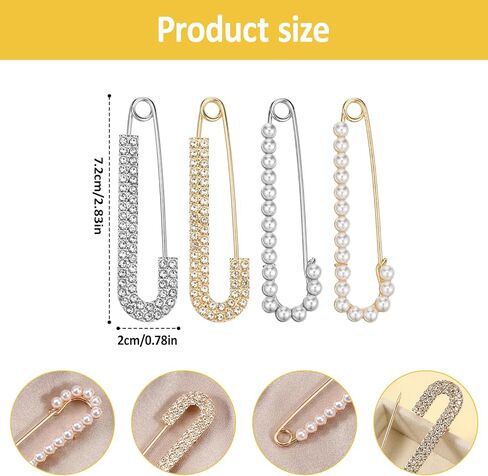Shawl Pin Women Brooches Pins Hat Clips Faux Crystal Pearl Decorative Safety Pins Brooch Cloak Cardigan Sweater Scarf Dress Shirt Clips for Women, Gold Silver 4 Pieces in Saudi Arabia