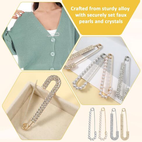 Shawl Pin Women Brooches Pins Hat Clips Faux Crystal Pearl Decorative Safety Pins Brooch Cloak Cardigan Sweater Scarf Dress Shirt Clips for Women, Gold Silver 4 Pieces in Saudi Arabia