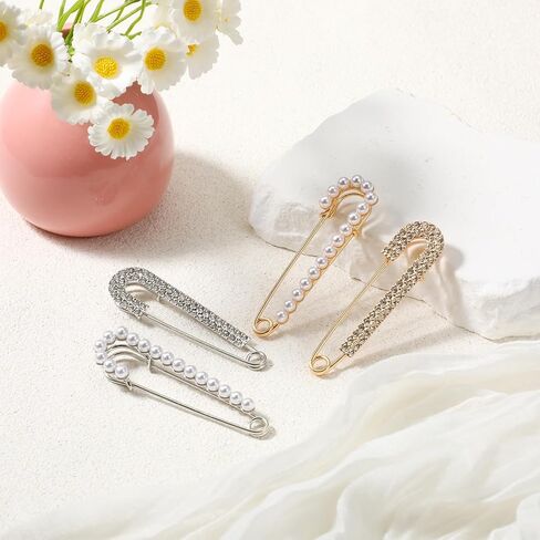 Shawl Pin Women Brooches Pins Hat Clips Faux Crystal Pearl Decorative Safety Pins Brooch Cloak Cardigan Sweater Scarf Dress Shirt Clips for Women, Gold Silver 4 Pieces in Saudi Arabia