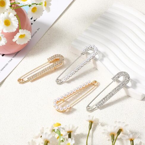Shawl Pin Women Brooches Pins Hat Clips Faux Crystal Pearl Decorative Safety Pins Brooch Cloak Cardigan Sweater Scarf Dress Shirt Clips for Women, Gold Silver 4 Pieces in Saudi Arabia