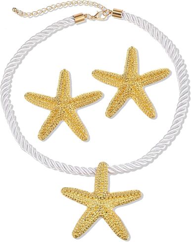 مجموعة قلادة نجم البحر الذهبية وأقراط نجم البحر، مجوهرات الشاطئ بسلسلة حبل قابلة للتعديل للنساء، هدية مستوحاة من المحيط الصيفي in Kuwait