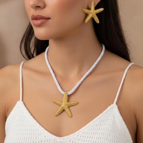 مجموعة قلادة نجم البحر الذهبية وأقراط نجم البحر، مجوهرات الشاطئ بسلسلة حبل قابلة للتعديل للنساء، هدية مستوحاة من المحيط الصيفي in Kuwait