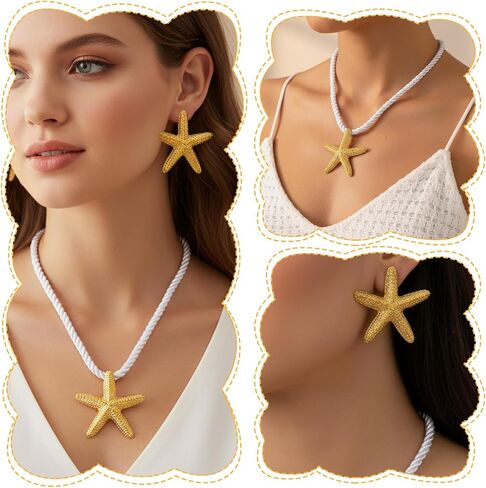 مجموعة قلادة نجم البحر الذهبية وأقراط نجم البحر، مجوهرات الشاطئ بسلسلة حبل قابلة للتعديل للنساء، هدية مستوحاة من المحيط الصيفي in Kuwait