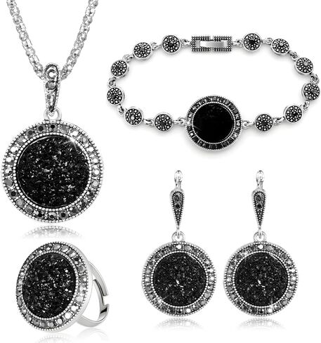 4 Pack Black Jewelry Sets for Women, Rhinestone Women's Jewelry Sets with Necklaces Earrings Bracelet Ring, Black Rhinestone Jewelrys for Valentine's Day Party, Prom, Brides Wedding in Saudi Arabia