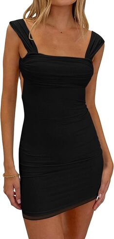 فستان GOKATOSAU نسائي مثير برقبة مربعة وربطة عنق شبكية مفتوحة من الخلف Bodycon Ruched Mini Club Party Tank Dress in Kuwait