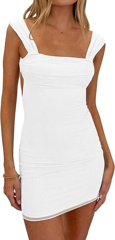فستان GOKATOSAU نسائي مثير برقبة مربعة وربطة عنق شبكية مفتوحة من الخلف Bodycon Ruched Mini Club Party Tank Dress in Kuwait