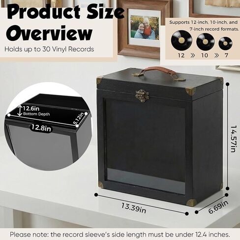 Liaakrr Vinyl Record Storage Box, Solid Wood Record Case with Display Window & Secure Latches, Record Holder Fits 7/10 Inch Records, Holds 30–40 Albums, Portable Record Organizer with Handle-Black in Saudi Arabia