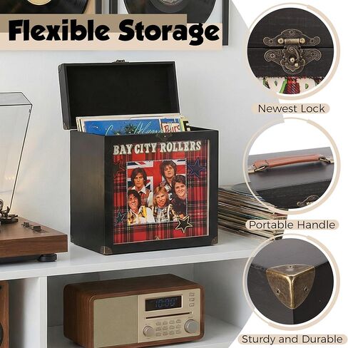 Liaakrr Vinyl Record Storage Box, Solid Wood Record Case with Display Window & Secure Latches, Record Holder Fits 7/10 Inch Records, Holds 30–40 Albums, Portable Record Organizer with Handle-Black in Saudi Arabia