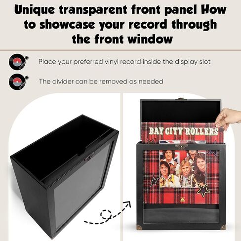 Liaakrr Vinyl Record Storage Box, Solid Wood Record Case with Display Window & Secure Latches, Record Holder Fits 7/10 Inch Records, Holds 30–40 Albums, Portable Record Organizer with Handle-Black in Saudi Arabia