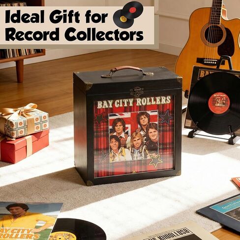 Liaakrr Vinyl Record Storage Box, Solid Wood Record Case with Display Window & Secure Latches, Record Holder Fits 7/10 Inch Records, Holds 30–40 Albums, Portable Record Organizer with Handle-Black in Saudi Arabia