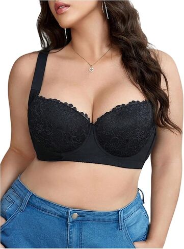 OYOANGLE Women's Plus Size Floral Lace Underwire Bra Push Up Bralette Button Back Lingerie Top in Saudi Arabia