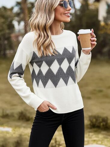 Women Knit Pullover Sweater with Long Sleeves and Geometric Pattern Casual Crew Neck Top for Travel Home Layering in Saudi Arabia