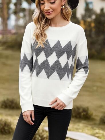 Women Knit Pullover Sweater with Long Sleeves and Geometric Pattern Casual Crew Neck Top for Travel Home Layering in Saudi Arabia