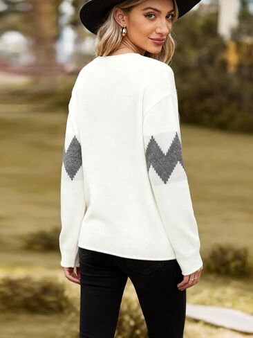 Women Knit Pullover Sweater with Long Sleeves and Geometric Pattern Casual Crew Neck Top for Travel Home Layering in Saudi Arabia