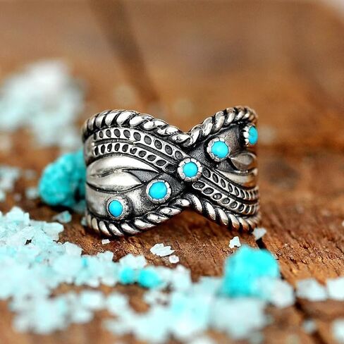 Vintage Simulated Turquoise Crossed Wide Comfort Fit Ring for Women 925 Silver Plated Bohemian Statement Stacking Western Chunky Boho Statement Birthday Band Jewelry Gift for Her (Size 7） in Saudi Arabia