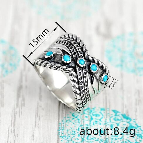 Vintage Simulated Turquoise Crossed Wide Comfort Fit Ring for Women 925 Silver Plated Bohemian Statement Stacking Western Chunky Boho Statement Birthday Band Jewelry Gift for Her (Size 7） in Saudi Arabia