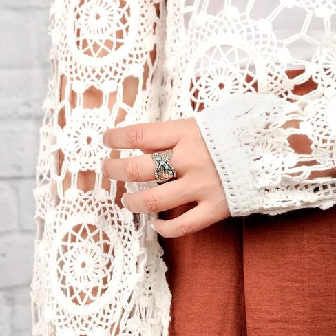 Vintage Simulated Turquoise Crossed Wide Comfort Fit Ring for Women 925 Silver Plated Bohemian Statement Stacking Western Chunky Boho Statement Birthday Band Jewelry Gift for Her (Size 7） in Saudi Arabia