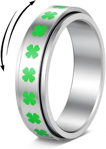 Green Clover Four Leaf Flower Fidget Spinner Ring for Women Men Stainless Steel Stacking Statement St.Patrick's Day Lucky Flowers Stress Relief Rings Fashion Irish Holiday Jewelry Anti-anxiety Band in Saudi Arabia