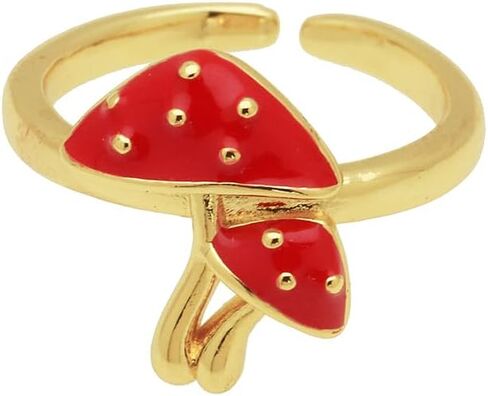 NewZenro Cute Mushroom Adjustable Open Ring for Women 14k Gold Plated Charm Lovely Red Enamel Statement Adjustable Open Band Finger Ring Comfort Fit Fashion Trendy Jewelry in Saudi Arabia