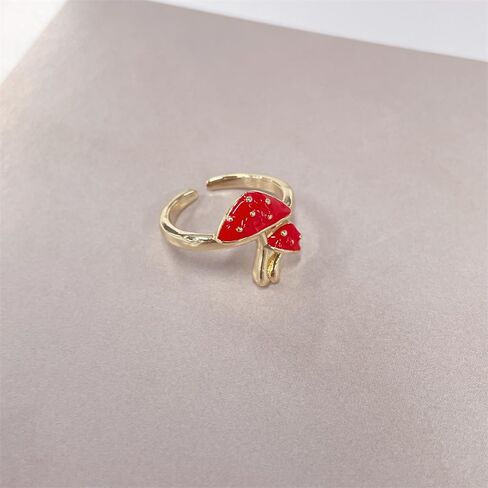 NewZenro Cute Mushroom Adjustable Open Ring for Women 14k Gold Plated Charm Lovely Red Enamel Statement Adjustable Open Band Finger Ring Comfort Fit Fashion Trendy Jewelry in Saudi Arabia