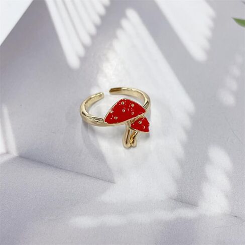NewZenro Cute Mushroom Adjustable Open Ring for Women 14k Gold Plated Charm Lovely Red Enamel Statement Adjustable Open Band Finger Ring Comfort Fit Fashion Trendy Jewelry in Saudi Arabia