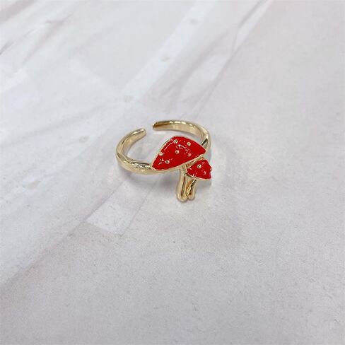 NewZenro Cute Mushroom Adjustable Open Ring for Women 14k Gold Plated Charm Lovely Red Enamel Statement Adjustable Open Band Finger Ring Comfort Fit Fashion Trendy Jewelry in Saudi Arabia