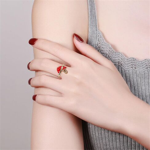 NewZenro Cute Mushroom Adjustable Open Ring for Women 14k Gold Plated Charm Lovely Red Enamel Statement Adjustable Open Band Finger Ring Comfort Fit Fashion Trendy Jewelry in Saudi Arabia