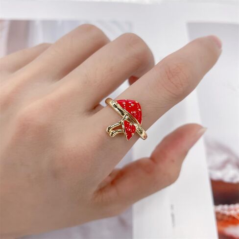 NewZenro Cute Mushroom Adjustable Open Ring for Women 14k Gold Plated Charm Lovely Red Enamel Statement Adjustable Open Band Finger Ring Comfort Fit Fashion Trendy Jewelry in Saudi Arabia