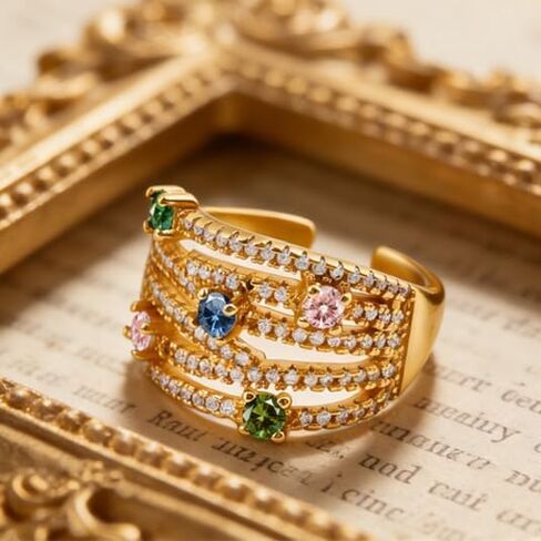 خواتم متقاطعة للنساء، حلقة مكتنزة مطلية بالذهب عيار 14 قيراط غير مشوهة، بيان حلقة مفتوحة قابلة للتعديل قابلة للتكديس مع زركون مكعب ملون، هدايا مجوهرات عتيقة لها in Kuwait