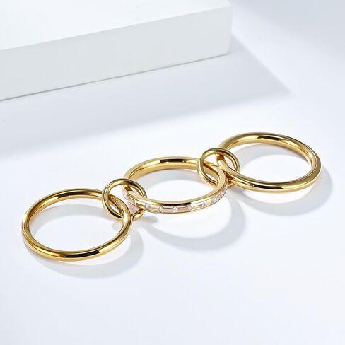 Gold-Tone Interlocked Stackable Rings for Women Men Stainless Steel Dainty Cubic Zirconia Crystal Minimalist Statement Multi-link Ring Unique Two-Toned Connected Thumb Bands Fashion Jewelry Size 6-9 in Saudi Arabia
