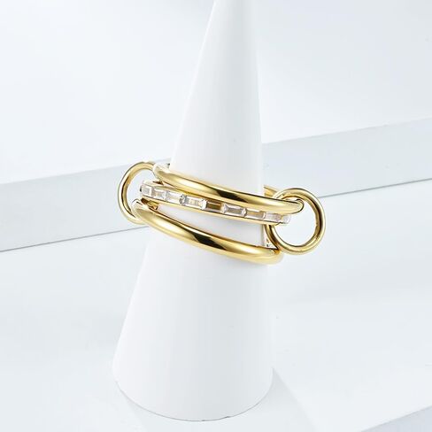 Gold-Tone Interlocked Stackable Rings for Women Men Stainless Steel Dainty Cubic Zirconia Crystal Minimalist Statement Multi-link Ring Unique Two-Toned Connected Thumb Bands Fashion Jewelry Size 6-9 in Saudi Arabia