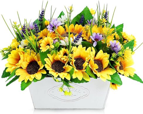 قطع مركزية لعباد الشمس مصنوعة مسبقًا للطاولات، وترتيب الزهور الاصطناعية في وعاء عباد الشمس المزيفة لديكور المنزل، وخضرة ريفية بوعاء لغرفة المطبخ وحفلات الزفاف in Kuwait