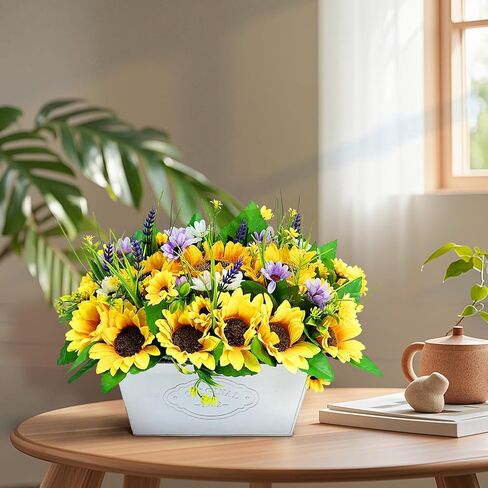 قطع مركزية لعباد الشمس مصنوعة مسبقًا للطاولات، وترتيب الزهور الاصطناعية في وعاء عباد الشمس المزيفة لديكور المنزل، وخضرة ريفية بوعاء لغرفة المطبخ وحفلات الزفاف in Kuwait