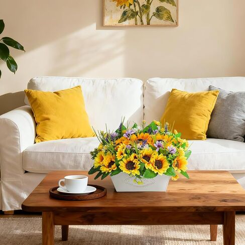 قطع مركزية لعباد الشمس مصنوعة مسبقًا للطاولات، وترتيب الزهور الاصطناعية في وعاء عباد الشمس المزيفة لديكور المنزل، وخضرة ريفية بوعاء لغرفة المطبخ وحفلات الزفاف in Kuwait