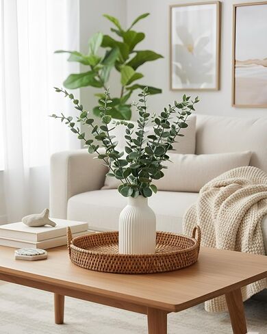 Faux Eucalyptus Stems in Ceramic Vase for Bathroom Counter Decor Artificial Eucalyptus Stems Decor for Coffee Table Fake Greenery Plants for Farmhouse Dining Table Centerpiece Decor in Saudi Arabia
