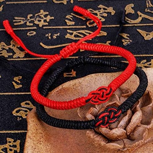 سوار فانسكي مضفر يدويًا باللون الأسود/الأحمر للرجال والنساء، سوار تميمة بعقدة صينية محظوظة in Kuwait