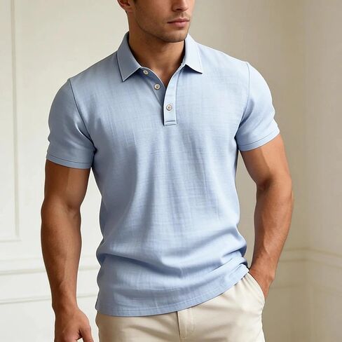 Men Classic Short Sleeve Polo Shirt Lightweight Linen Look Casual Button Collar Summer Daily Wear Top in Saudi Arabia