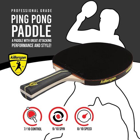 مجداف Killerspin Jet Black Ping Pong، للاعبي تنس الطاولة المبتدئين والمتقدمين، مقبض متوهج، أسود/أسود in Kuwait