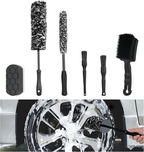 6 قطع من فرش حافة السيارة لتنظيف العجلات، مجموعة فرش تنظيف تفاصيل السيارة، فرشاة حافة ذات شعيرات خشنة مع وسادة وضع ملمع الإطارات للسيارات ذات الدفع الرباعي وعجلات الشاحنات RVs in Kuwait
