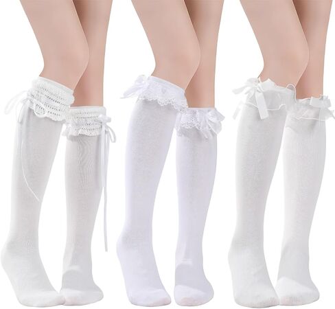 Cute Knee High Socks with Bow 3 Pairs - White Lolita Thigh High Socks Lace Ruffled Princess Dress Stockings Sock for Women Girls Daily Wear School Dating Dance in Saudi Arabia