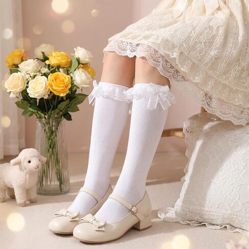 Cute Knee High Socks with Bow 3 Pairs - White Lolita Thigh High Socks Lace Ruffled Princess Dress Stockings Sock for Women Girls Daily Wear School Dating Dance in Saudi Arabia