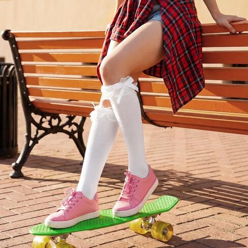 Cute Knee High Socks with Bow 3 Pairs - White Lolita Thigh High Socks Lace Ruffled Princess Dress Stockings Sock for Women Girls Daily Wear School Dating Dance in Saudi Arabia