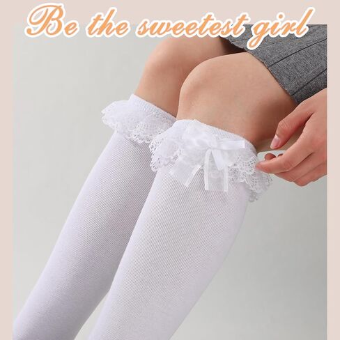 Cute Knee High Socks with Bow 3 Pairs - White Lolita Thigh High Socks Lace Ruffled Princess Dress Stockings Sock for Women Girls Daily Wear School Dating Dance in Saudi Arabia
