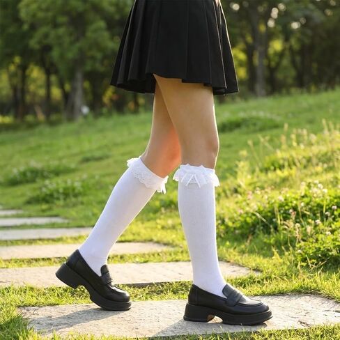 Cute Knee High Socks with Bow 3 Pairs - White Lolita Thigh High Socks Lace Ruffled Princess Dress Stockings Sock for Women Girls Daily Wear School Dating Dance in Saudi Arabia