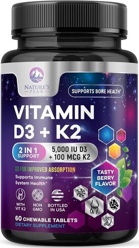 فيتامين د3 ك2، 5000 وحدة دولية (125 ميكروجرام) فيتامين د-3 بلس ك-2 (MK-7) 100 ميكروجرام - مكمل فيتامينات د آند ك المركب يدعم امتصاص الكالسيوم للعظام والأسنان، ودعم صحة القلب والمناعة - 60 قرصًا قابلاً للمضغ in Kuwait