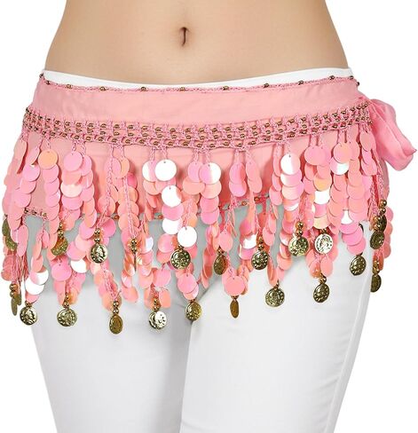 BFONS Belly Dance Hip Scarf with 128 Gold Coins, Women's Sequins Tassel Wrap Genie Skirt for Bellydance Gypsy Costume in Kuwait