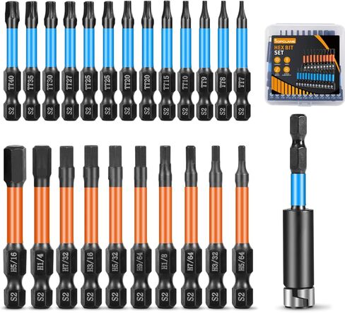 مجموعة لقم توركس 13 قطعة (T7-T40) و10 قطع لقمة مثقاب مفتاح ألين برأس سداسي (SAE)، لقم مفك ذات تأثير طويل مقاس 2 بوصة مع حامل لقمة مغناطيسية وصندوق تخزين، مجموعة مفكات براغي سداسية من الفولاذ S2 مقاس 1/4 بوصة in Kuwait