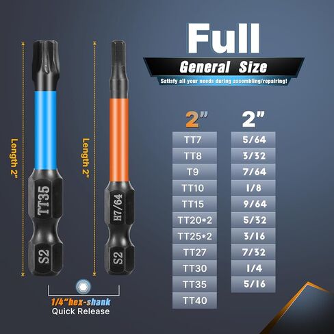 مجموعة لقم توركس 13 قطعة (T7-T40) و10 قطع لقمة مثقاب مفتاح ألين برأس سداسي (SAE)، لقم مفك ذات تأثير طويل مقاس 2 بوصة مع حامل لقمة مغناطيسية وصندوق تخزين، مجموعة مفكات براغي سداسية من الفولاذ S2 مقاس 1/4 بوصة in Kuwait